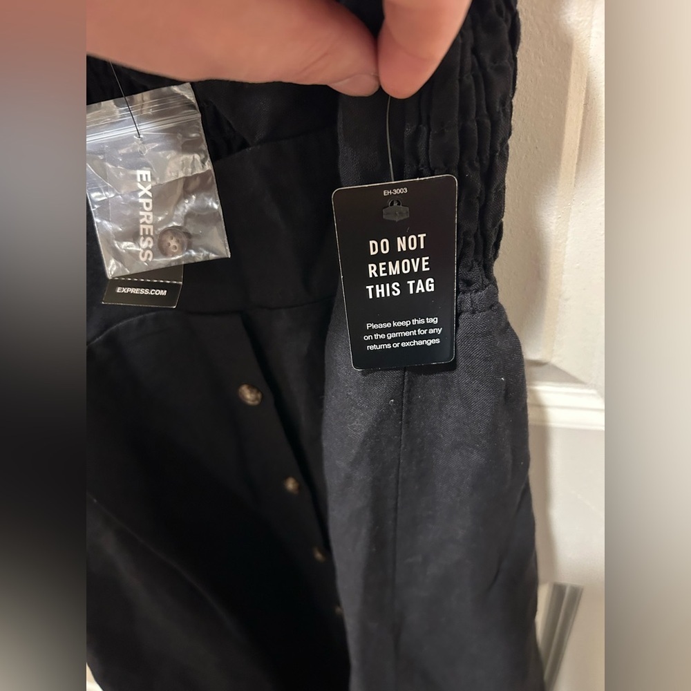 NWT Express Linen Blend Front Tie Smocked Midi Black Dress,Large - Picture 6 of 7